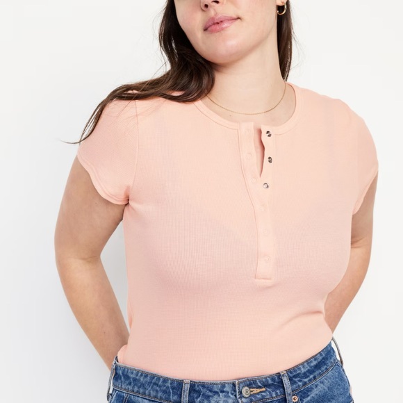 NWT OLD NAVY Short-Sleeve Waffle-Knit Henley Top Color: Pink Bamboo - Picture 5 of 9